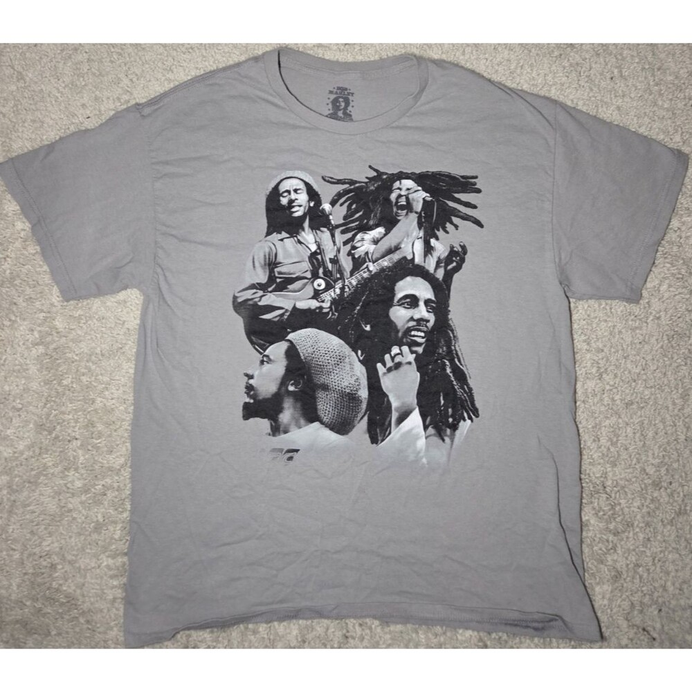 Bob Marley Quad Photo Rasta Music T-Shirt Gray Large